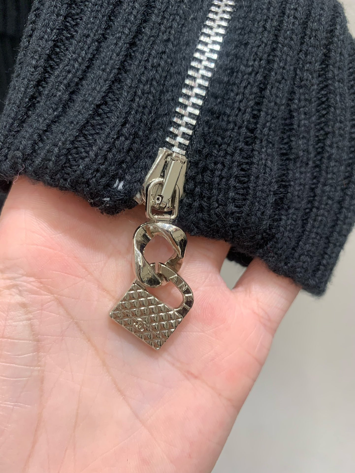 Ch**el zipper trim rib-knit sweater black