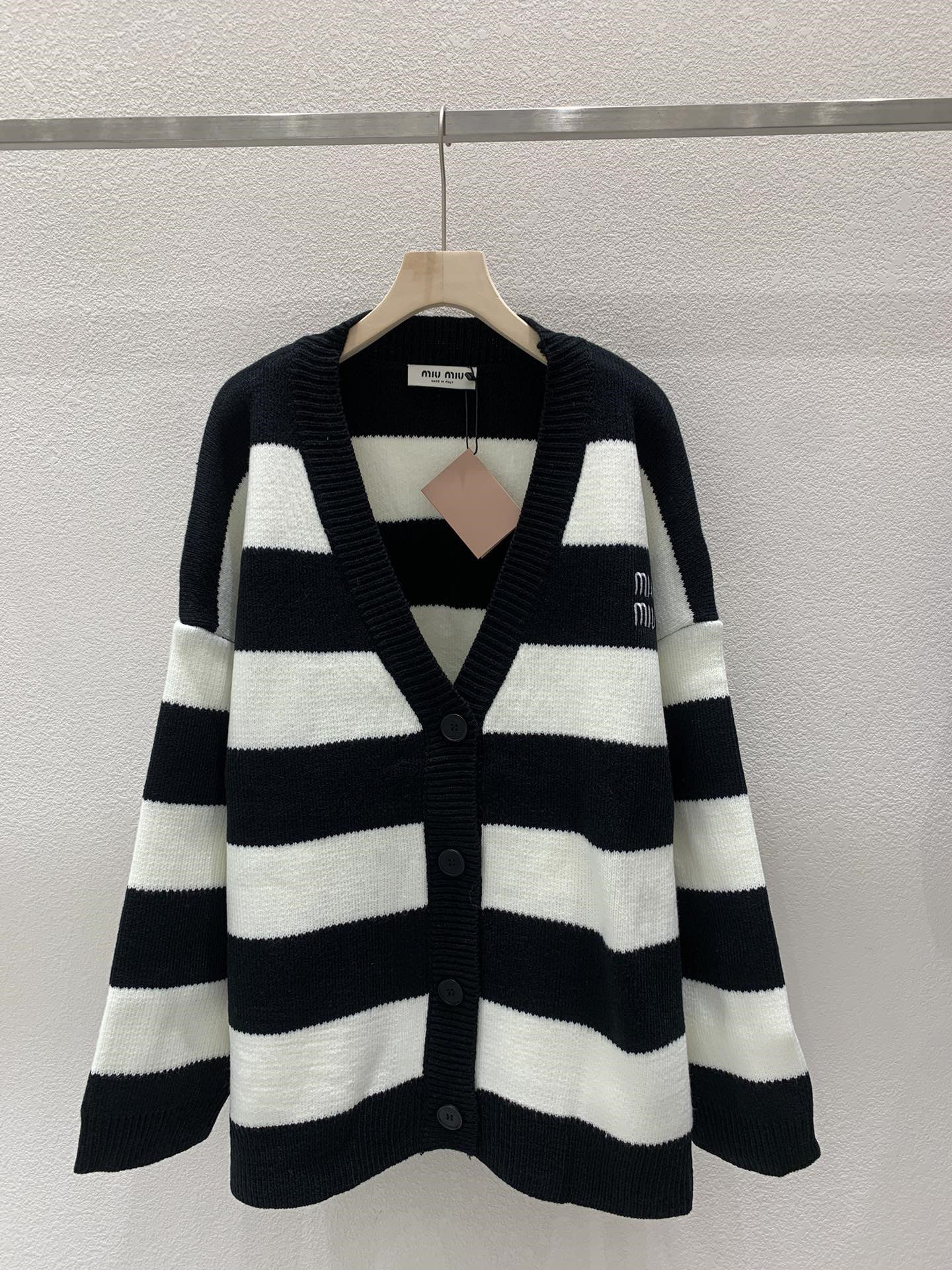 MIU MIU Striped Wool Cardigan Black/White