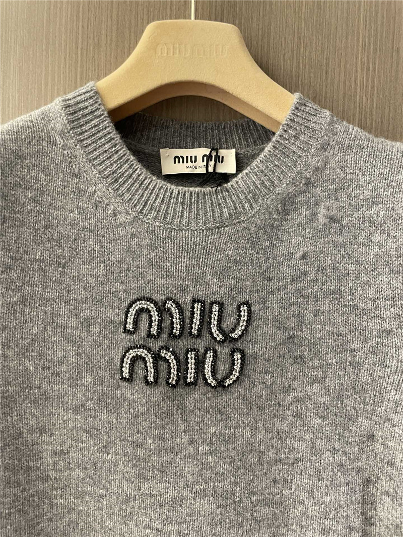Miu Miu Cropped Sweater with Rhinestones Grey