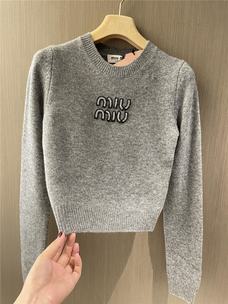 Miu Miu Cropped Sweater with Rhinestones Grey