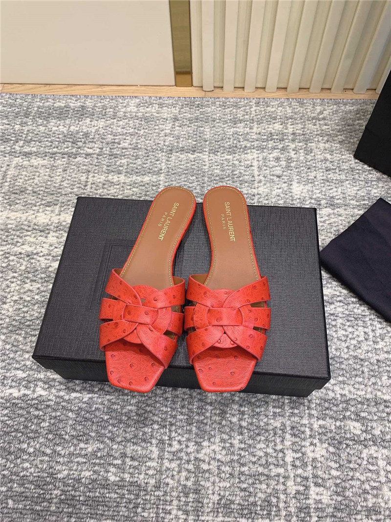 Y51 tribute mules in red ostrich leather