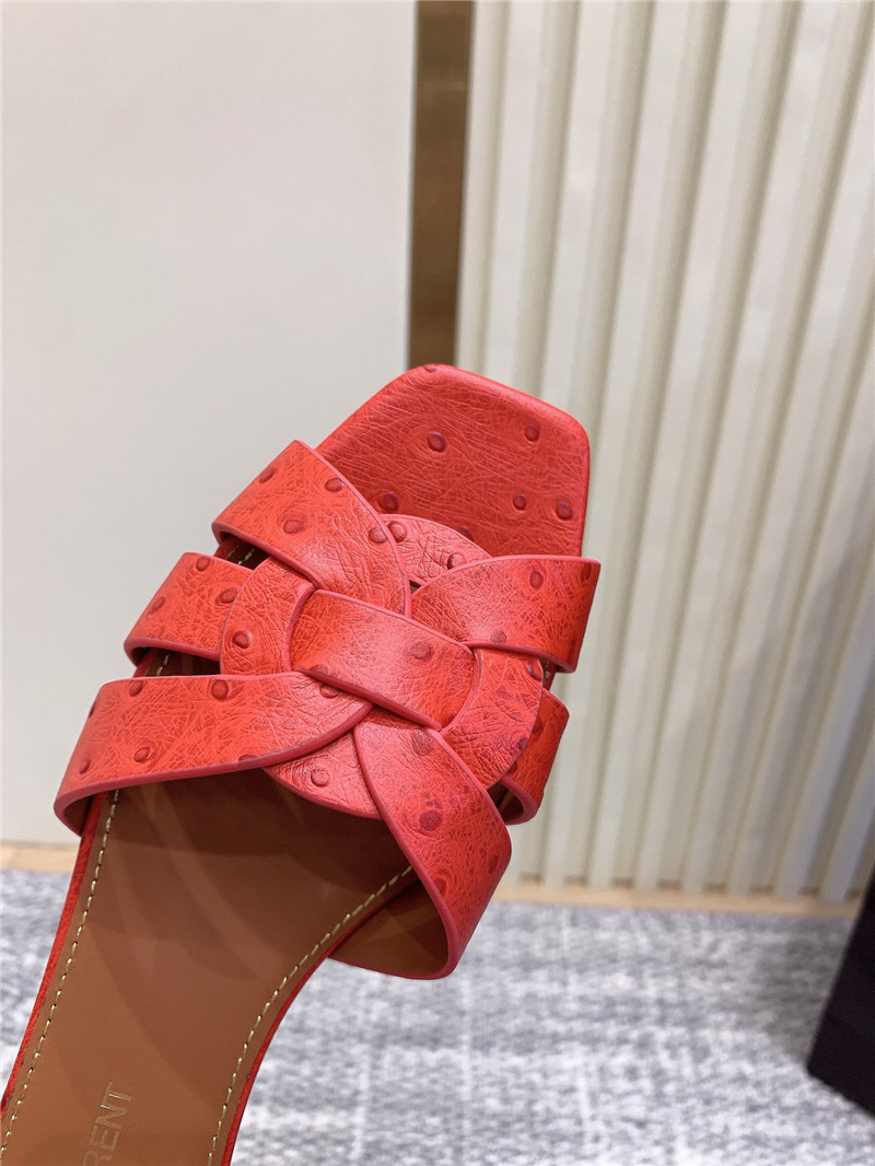 Y51 tribute mules in red ostrich leather