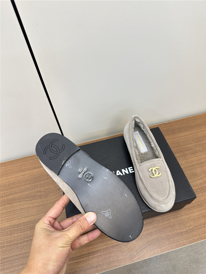 Ch**el grey suede shearling loafers