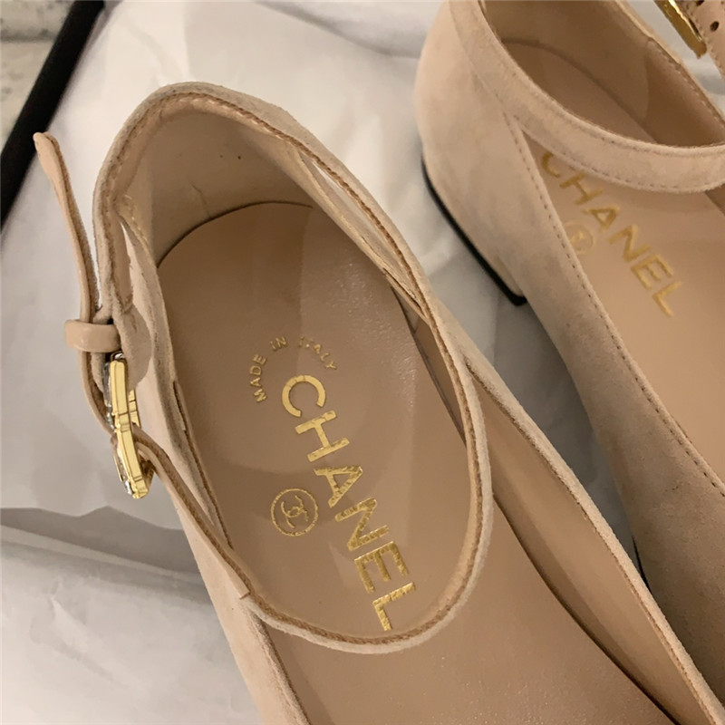 Ch**el mary janes nude velvet flats with strass & metal