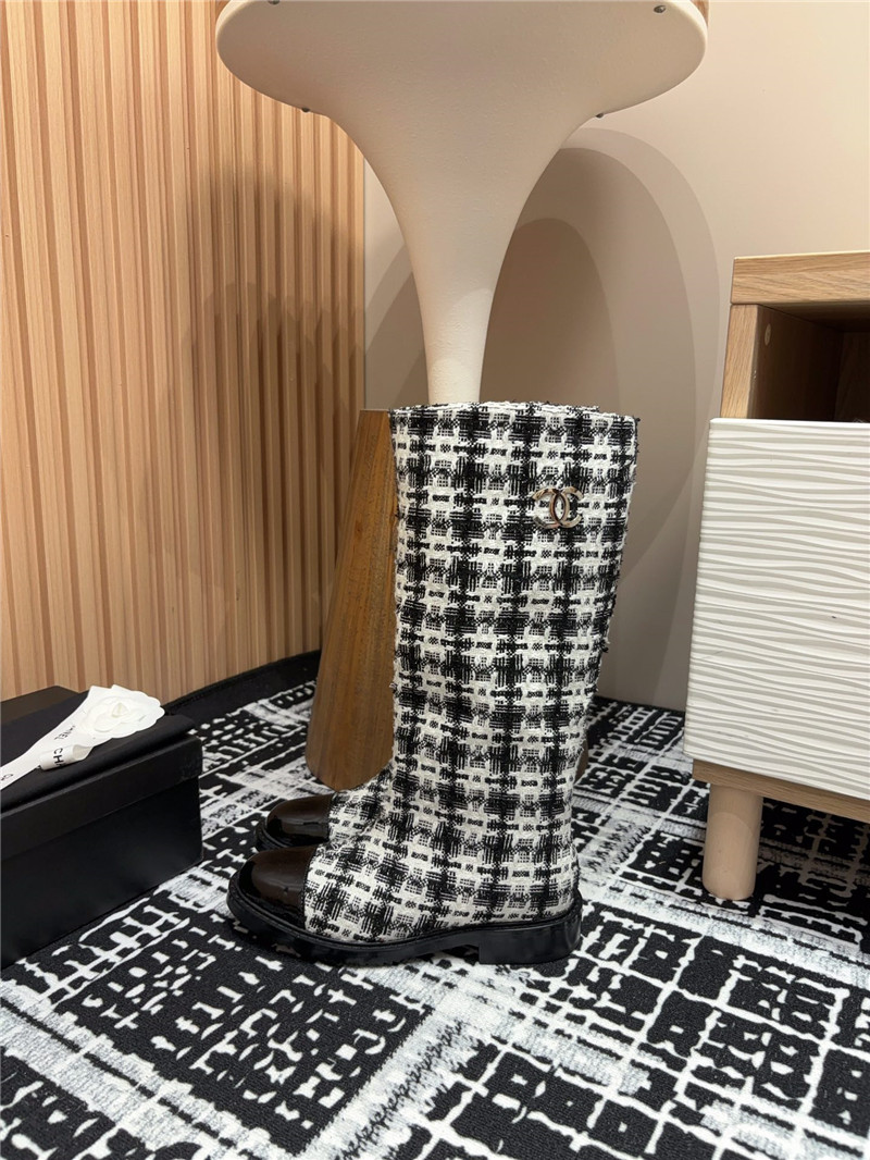 Ch**el tweed black white check high boots