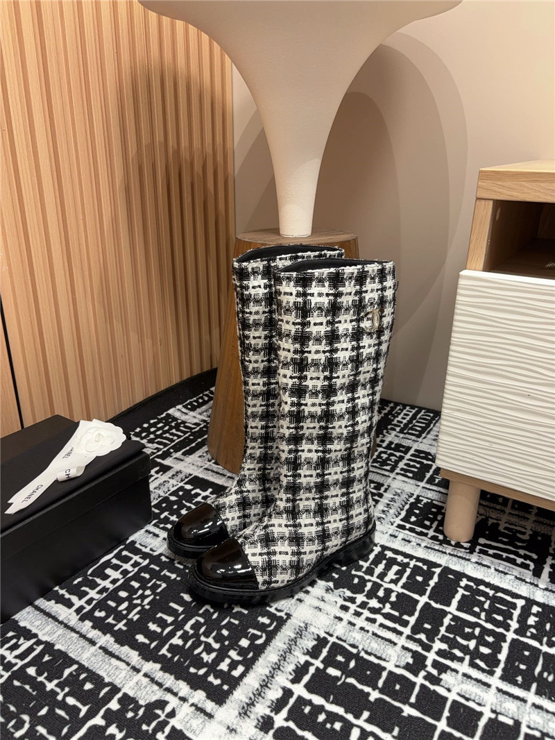 Ch**el tweed black white check high boots