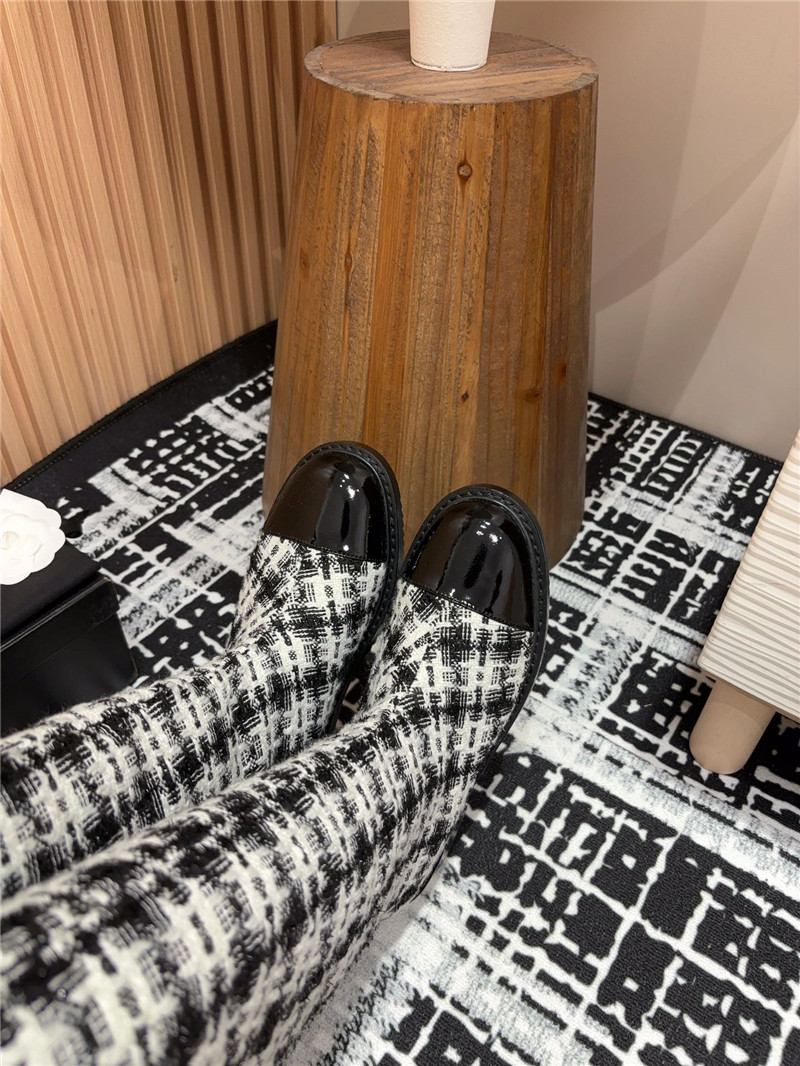 Ch**el tweed black white check high boots