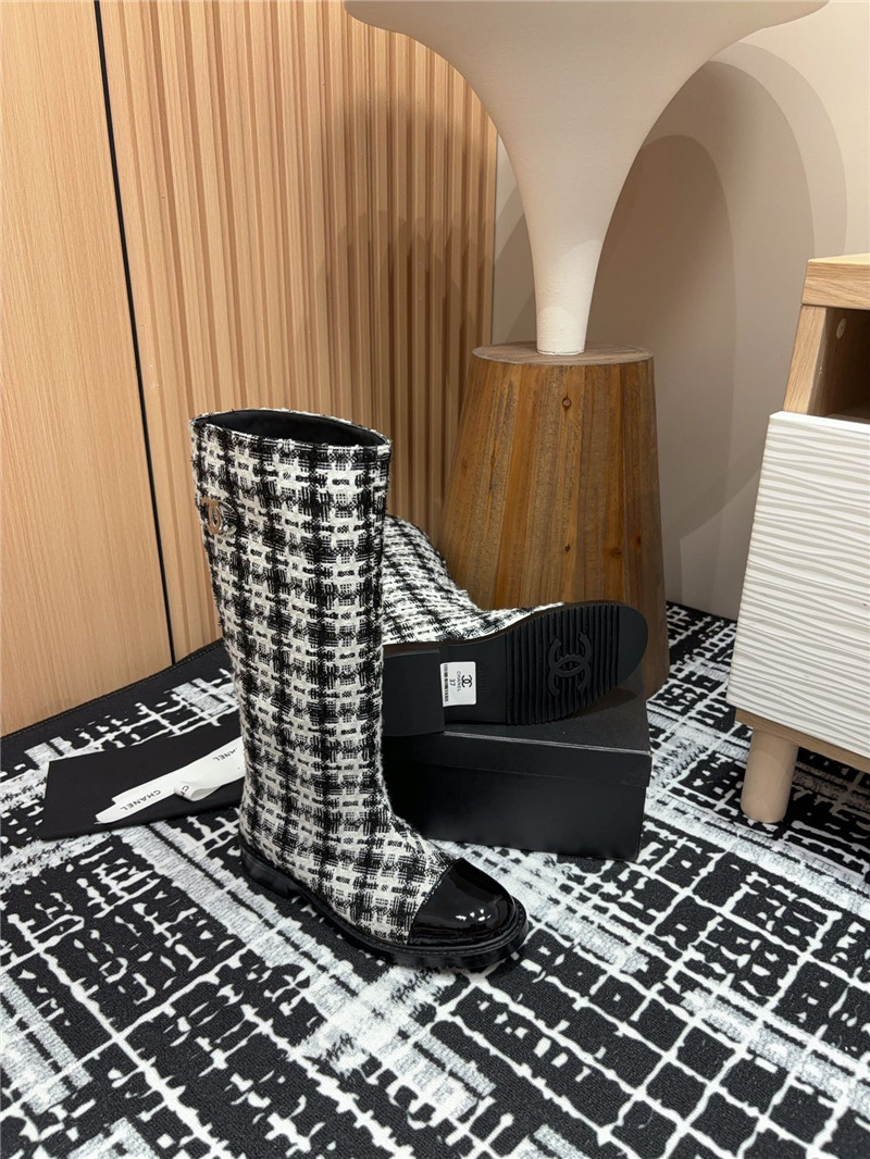 Ch**el tweed black white check high boots