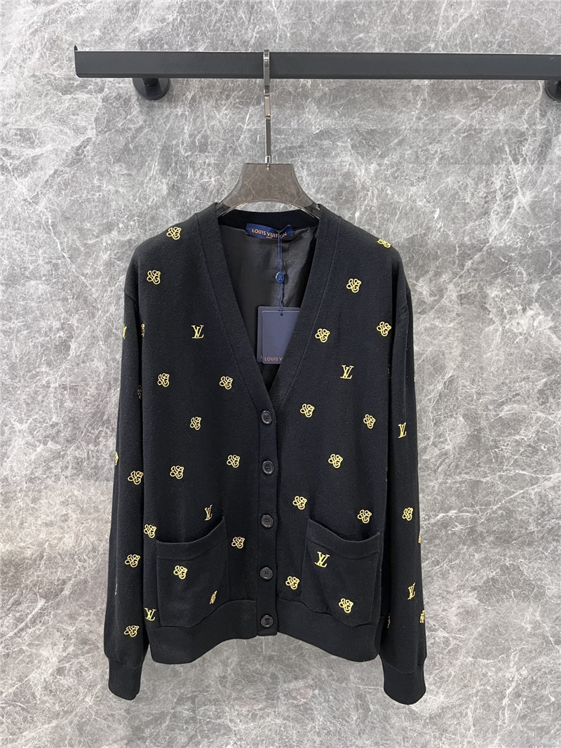 LV Golden Embroidered Wool Cardigan Grey