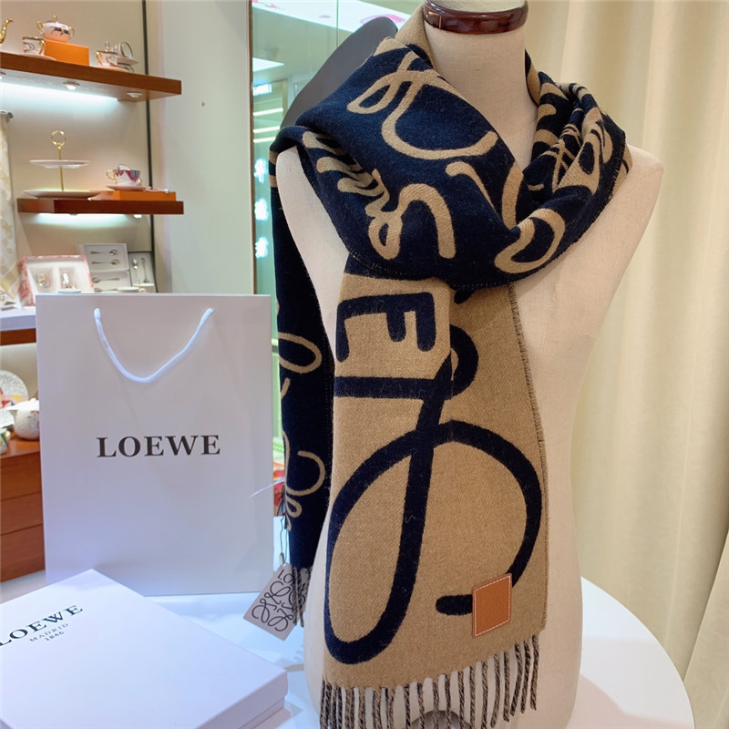L0ew* beige/dark blue double-sided letter scarf