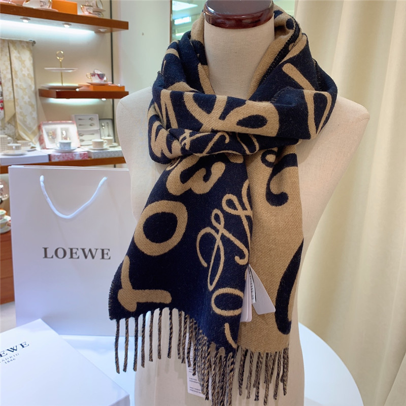 L0ew* beige/dark blue double-sided letter scarf