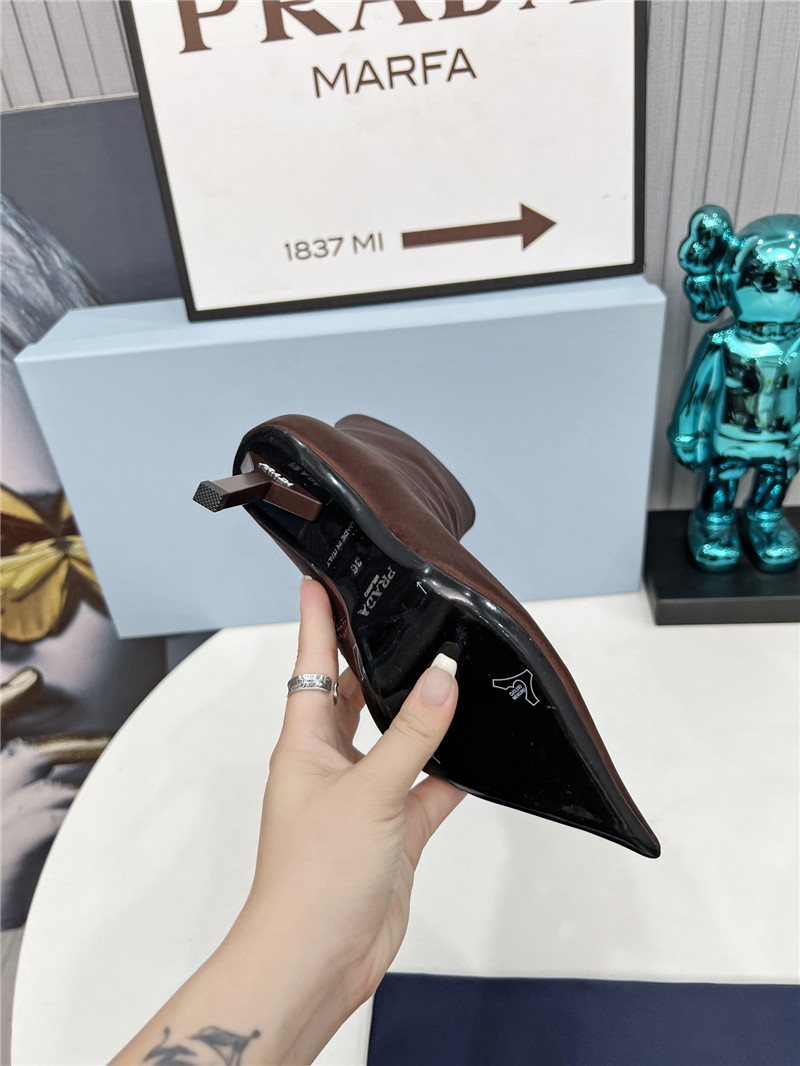 Pra*a brown satin knee high heel boots