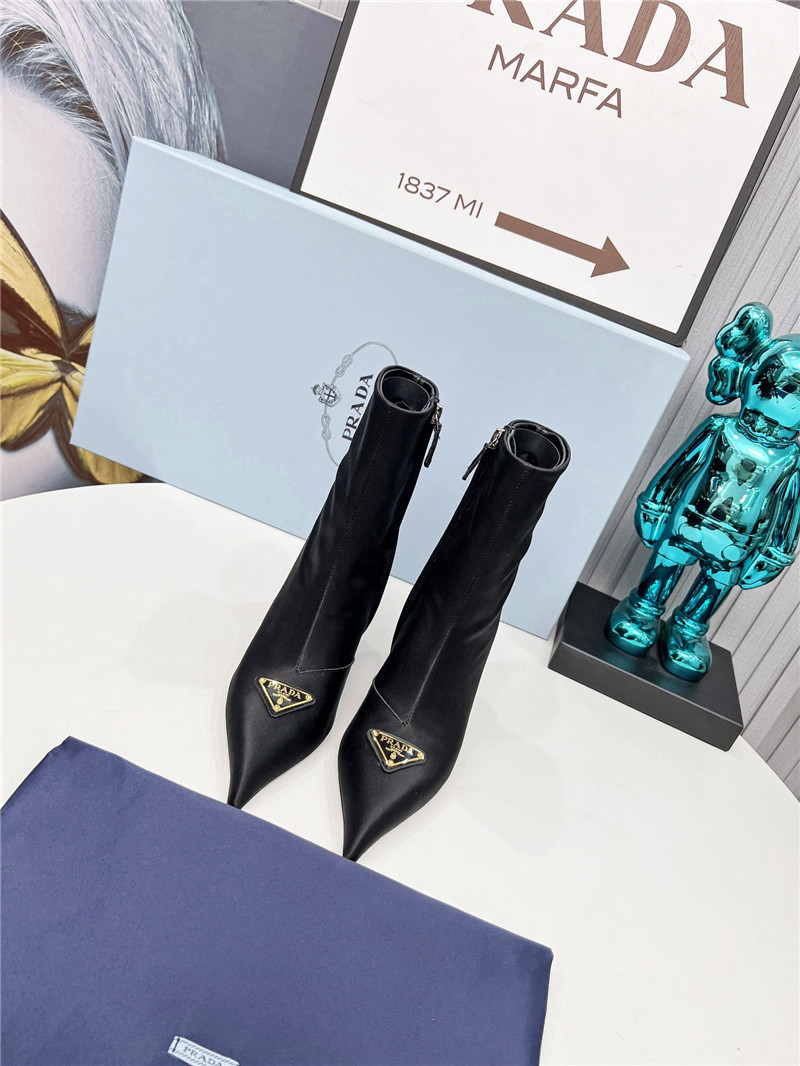 Pra*a black satin knee high heel boots