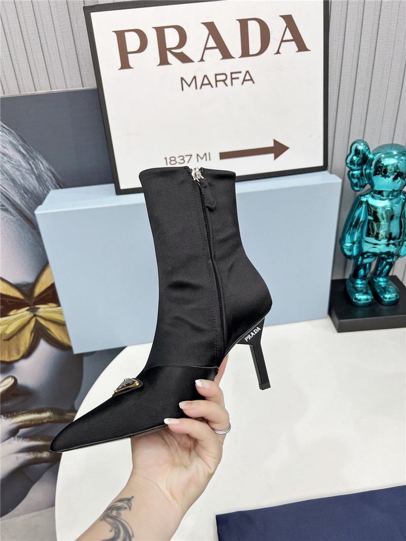 Pra*a black satin knee high heel boots