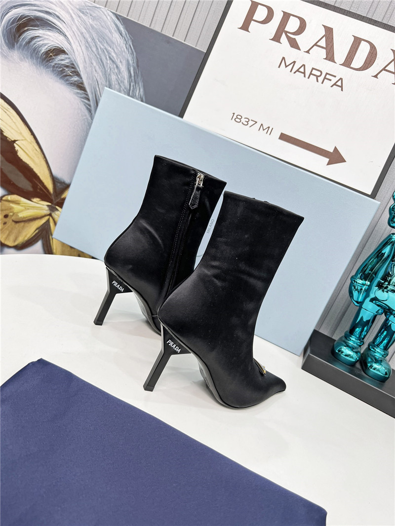 Pra*a black satin knee high heel boots