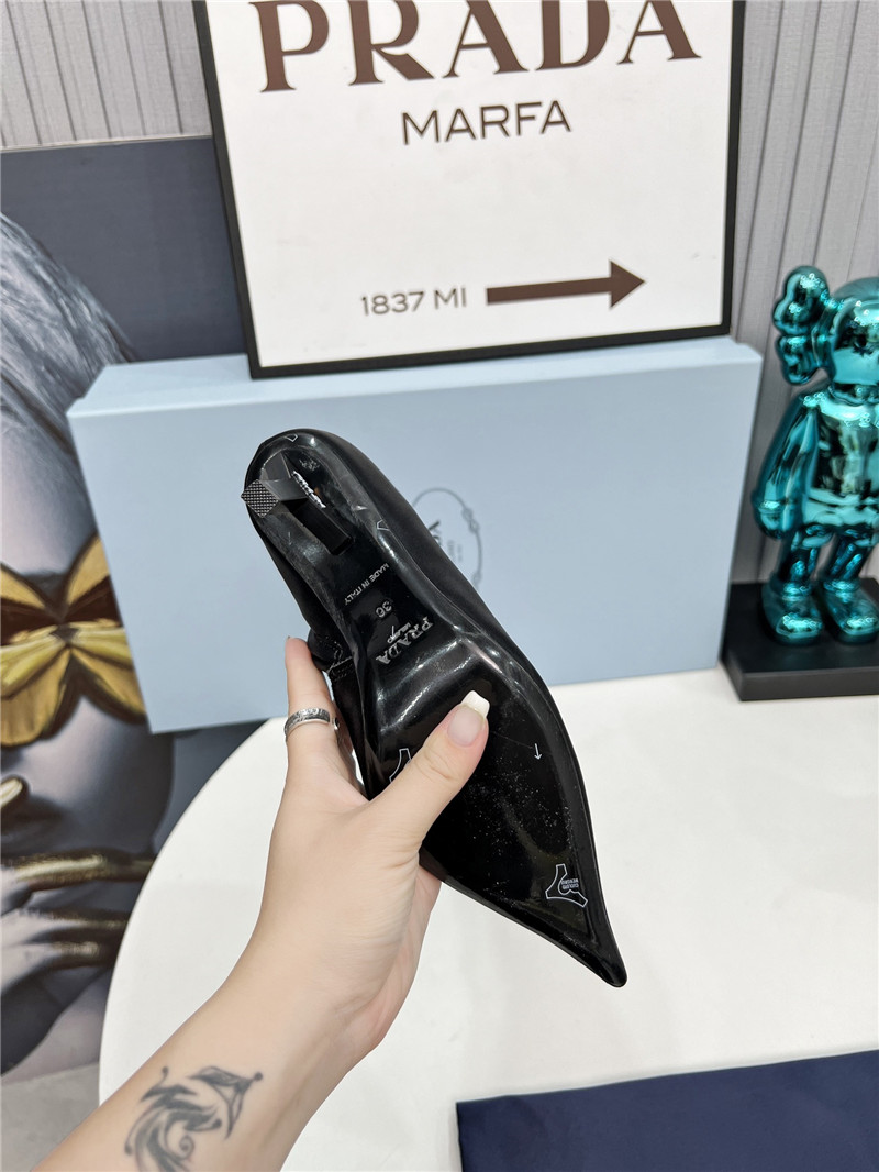 Pra*a black satin knee high heel boots