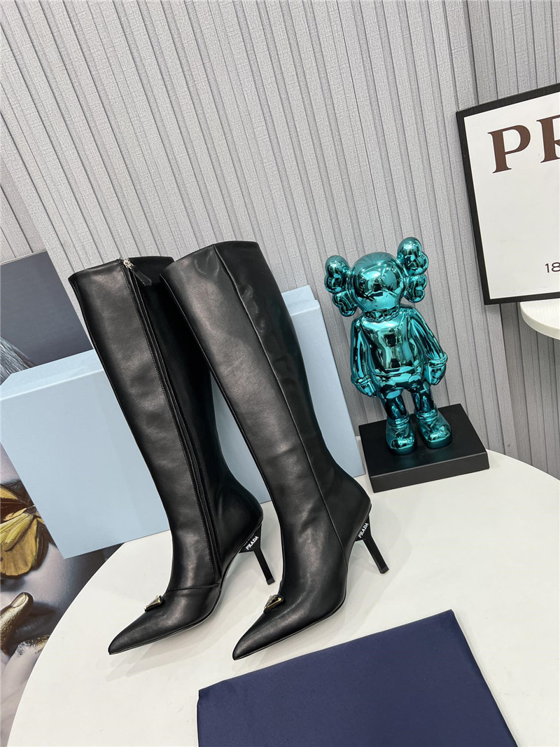 Pra*a black calfskin heel knee high boots
