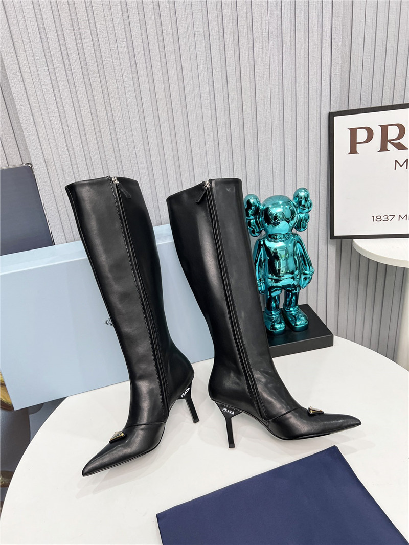 Pra*a black calfskin heel knee high boots
