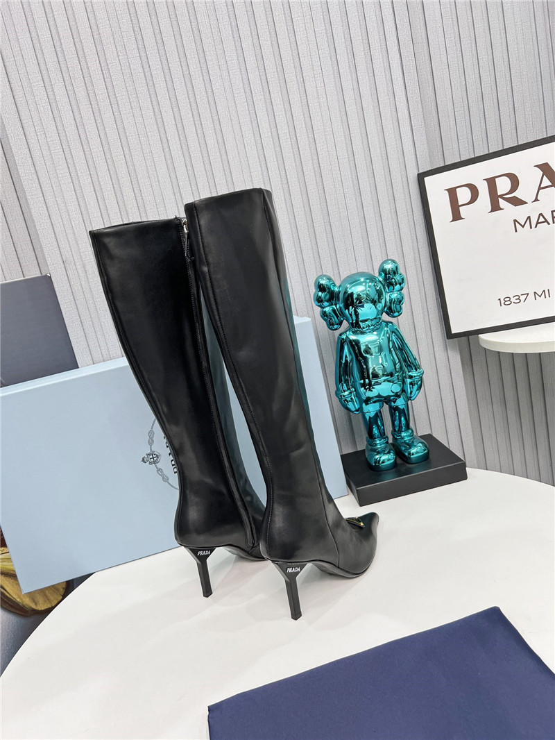 Pra*a black calfskin heel knee high boots