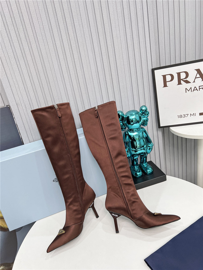 Pra*a brown satin knee high heel boots