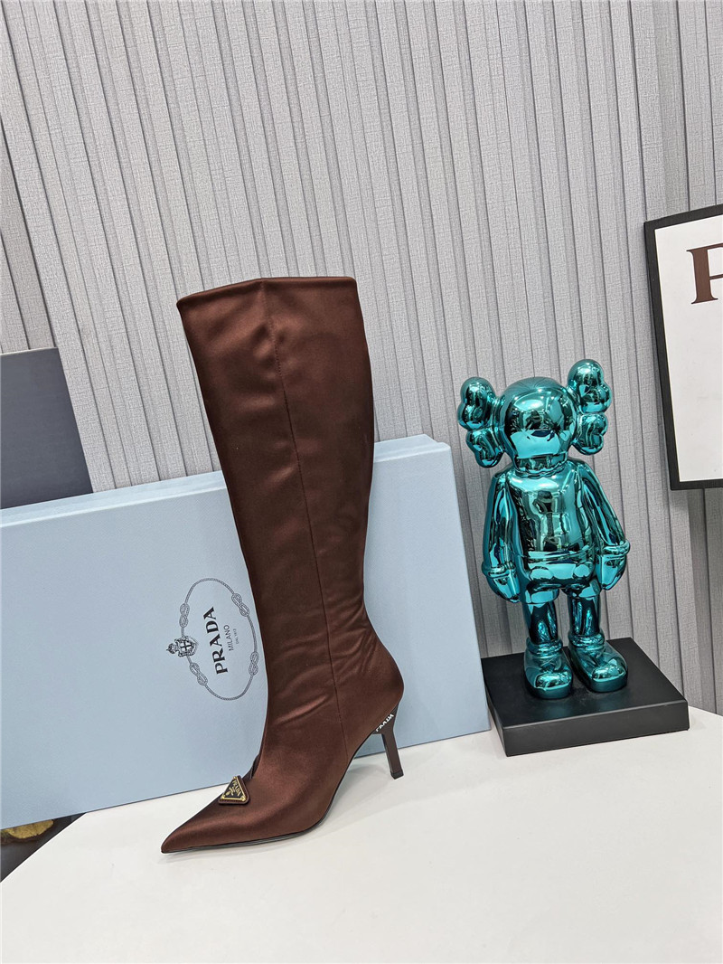 Pra*a brown satin knee high heel boots