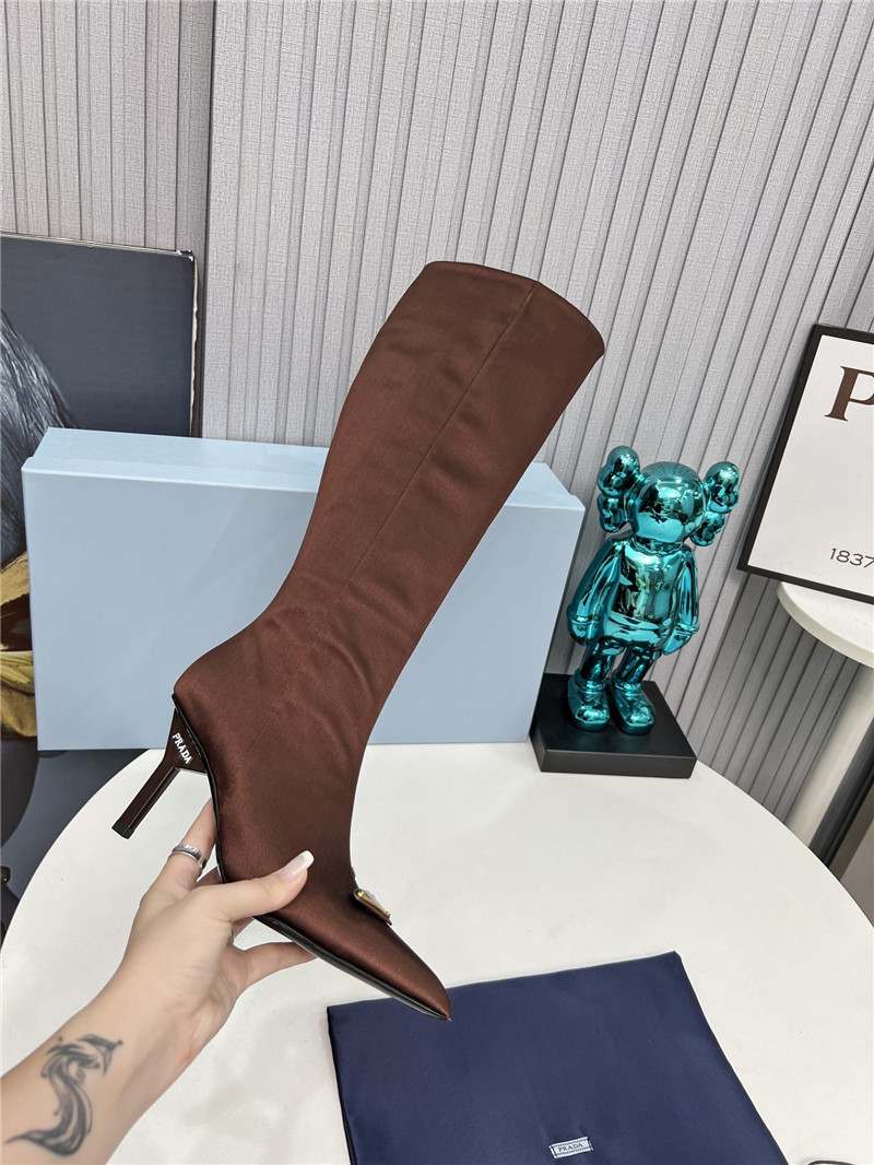 Pra*a brown satin knee high heel boots