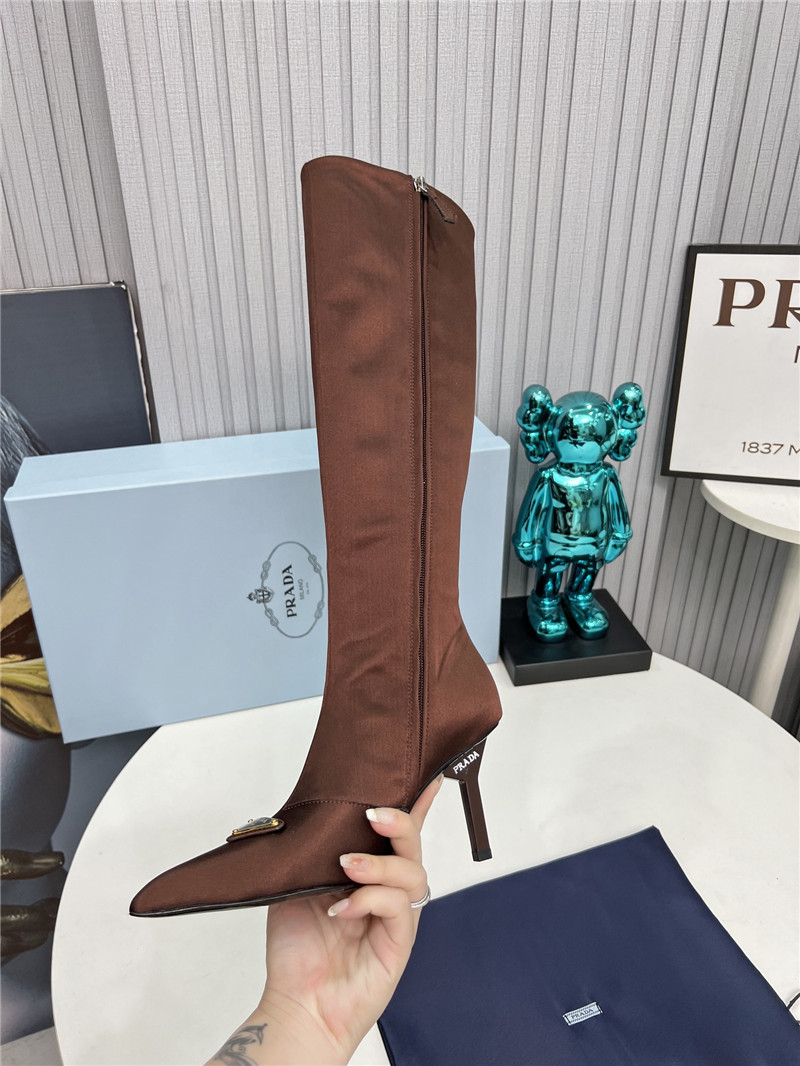 Pra*a brown satin knee high heel boots