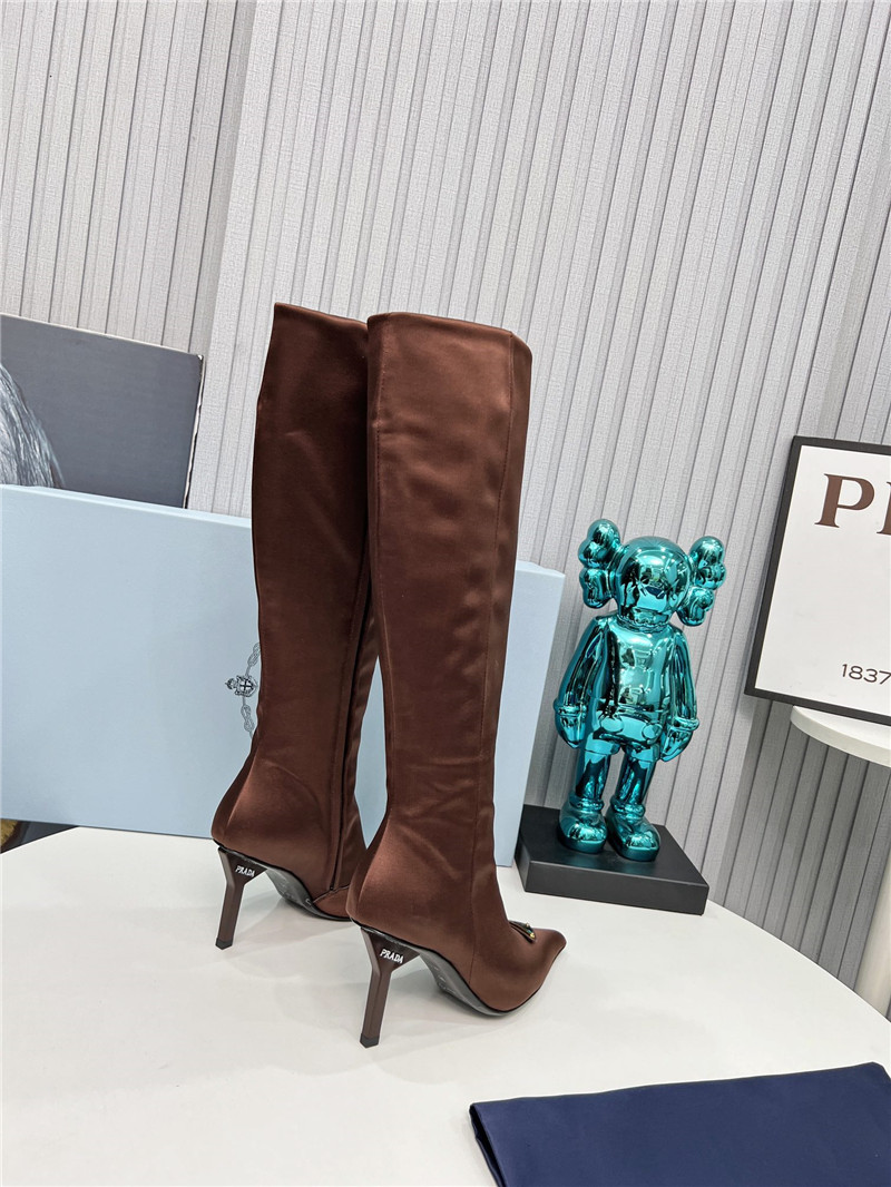 Pra*a brown satin knee high heel boots