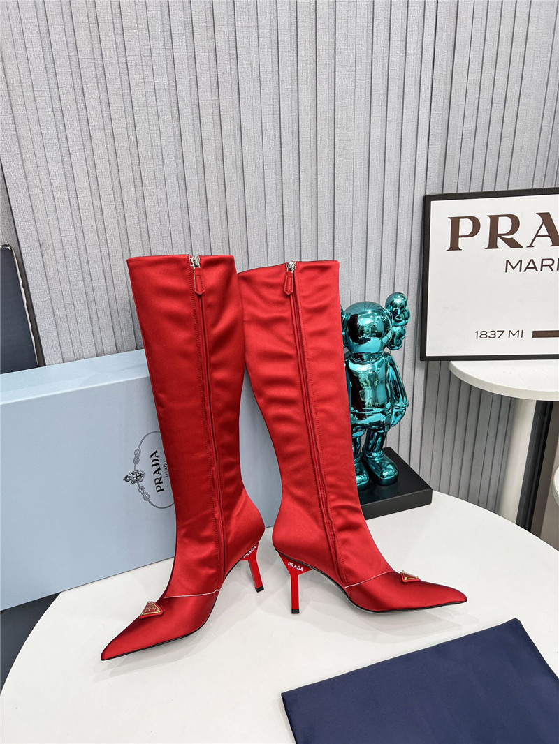 Pra*a red satin knee high heel boots