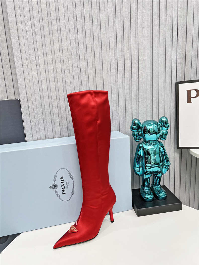 Pra*a red satin knee high heel boots