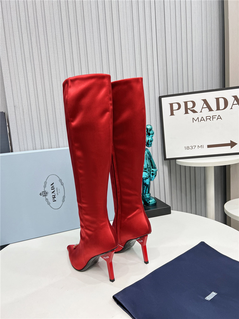 Pra*a red satin knee high heel boots