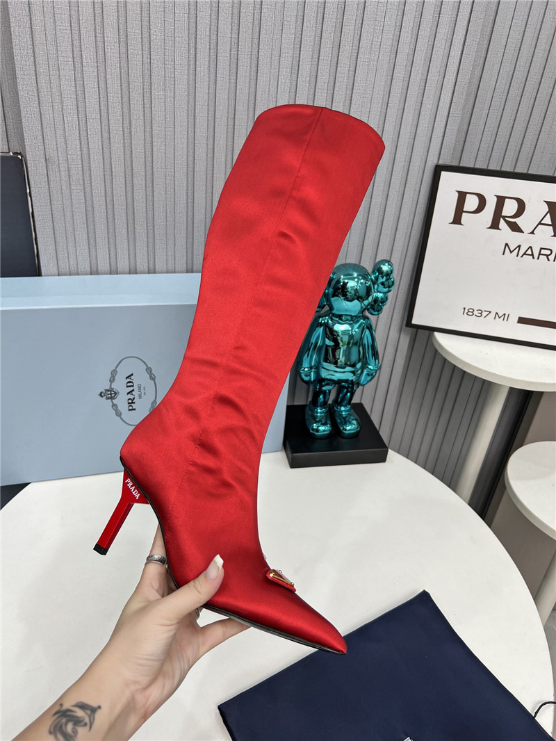 Pra*a red satin knee high heel boots