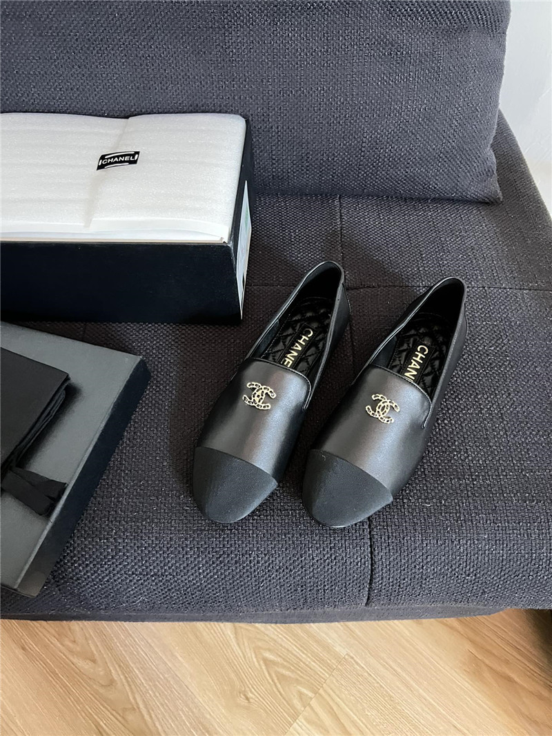 Ch**el cap-toe black satin moccasin loafers