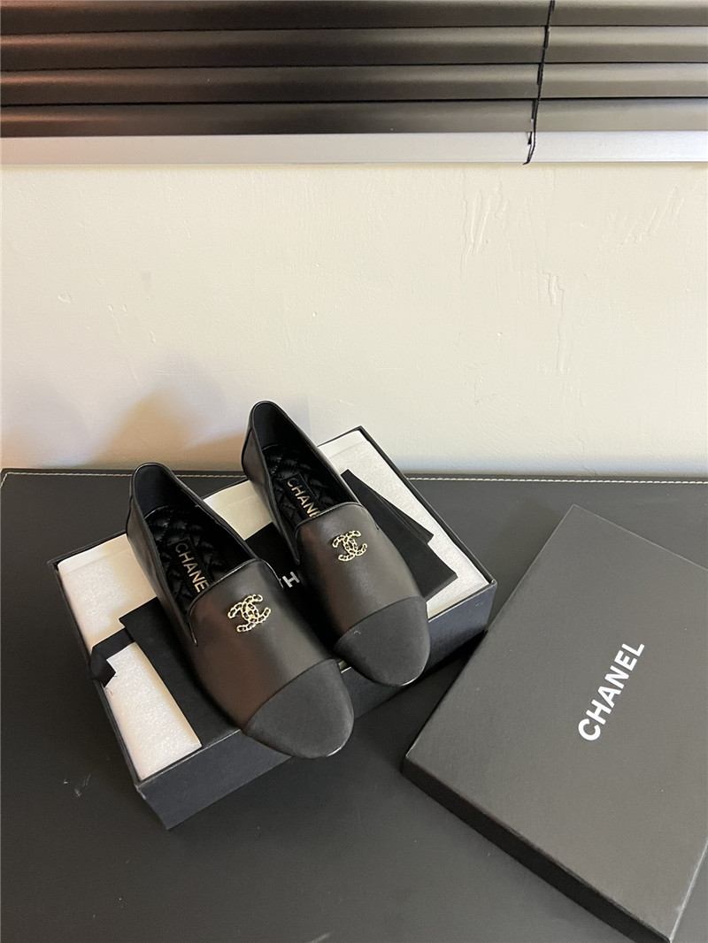 Ch**el cap-toe black satin moccasin loafers