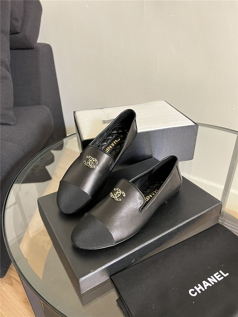 Ch**el cap-toe black satin moccasin loafers