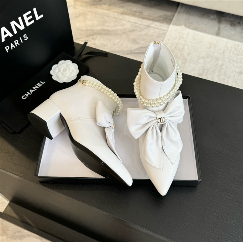 Ch**el pointed toe pearl bow ankle boots