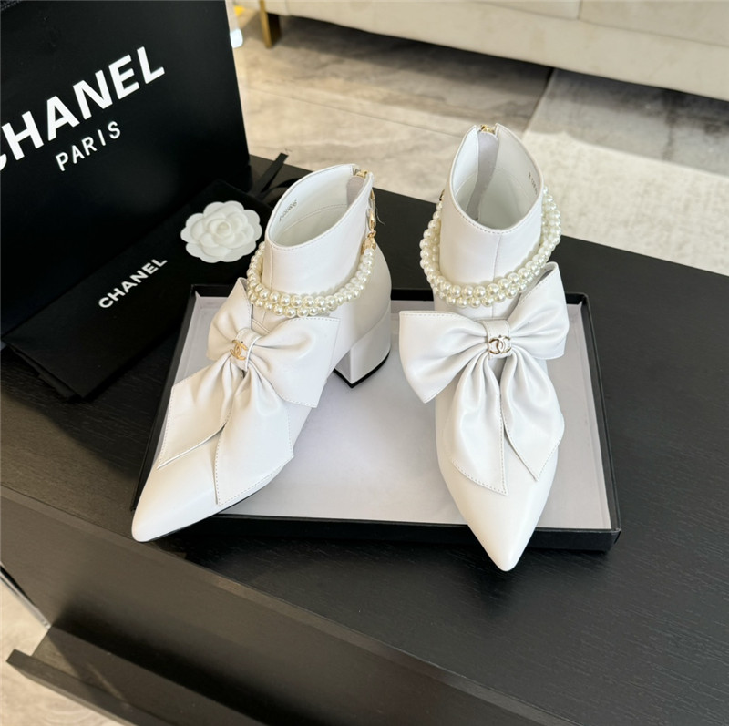Ch**el pointed toe pearl bow ankle boots