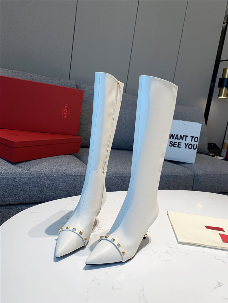 Va1e*ntin0 studded heeled white calfskin knee-high boots