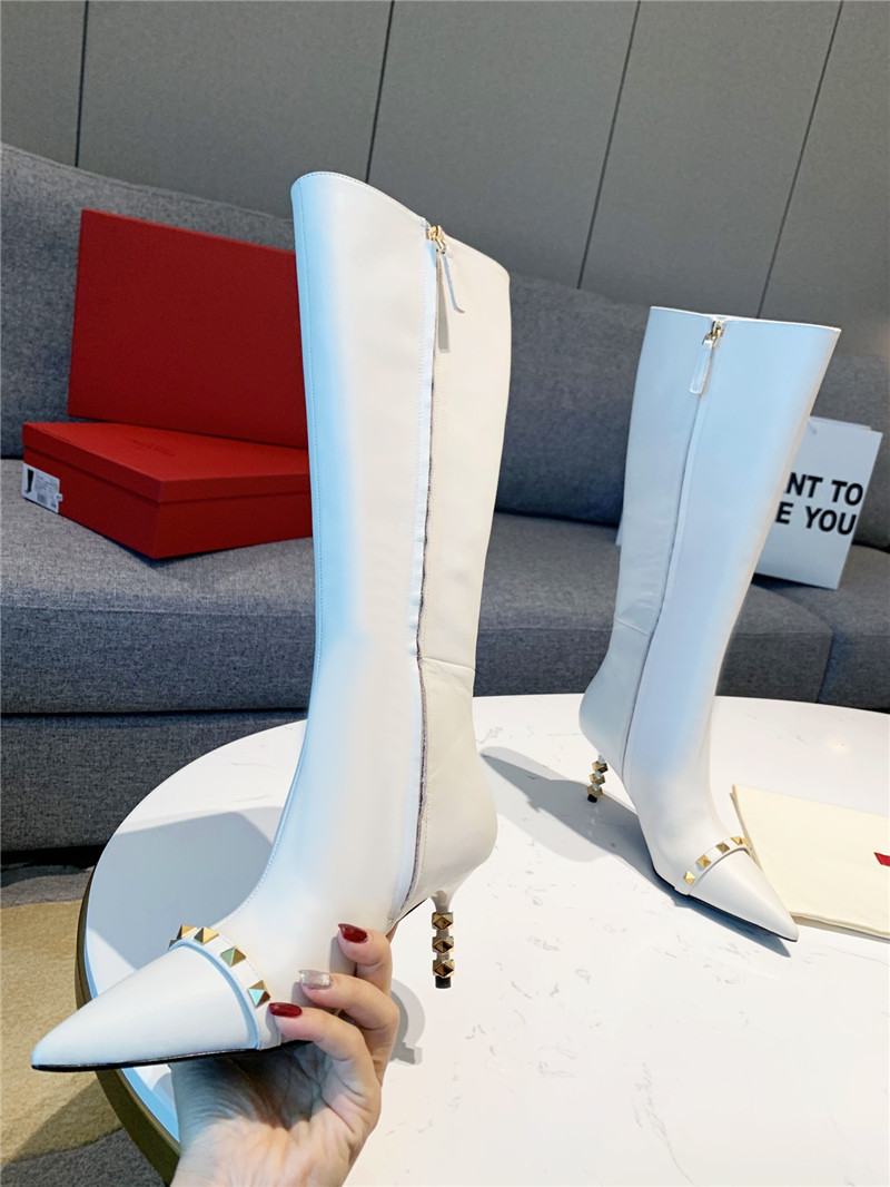 Va1e*ntin0 studded heeled white calfskin knee-high boots