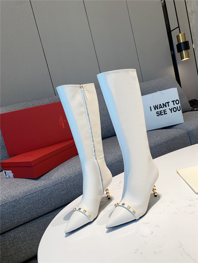 Va1e*ntin0 studded heeled white calfskin knee-high boots