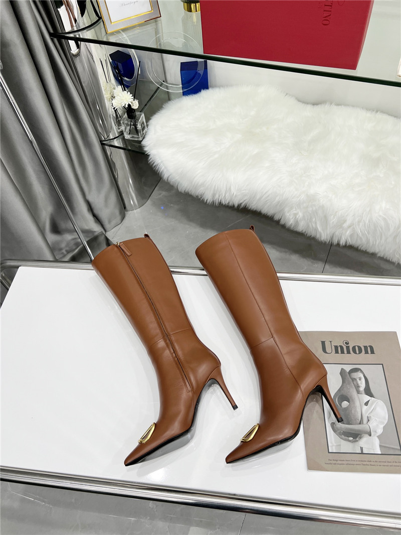 Va1e*ntin0 vlogo heeled brown calfskin knee-high boots