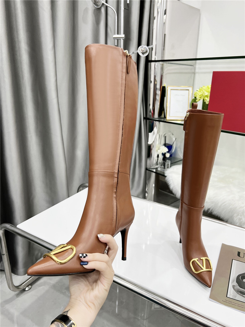 Va1e*ntin0 vlogo heeled brown calfskin knee-high boots