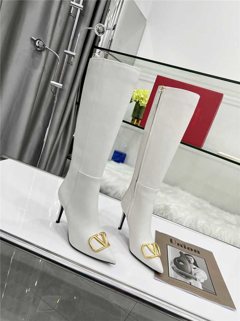 Va1e*ntin0 vlogo heeled white calfskin knee-high boots