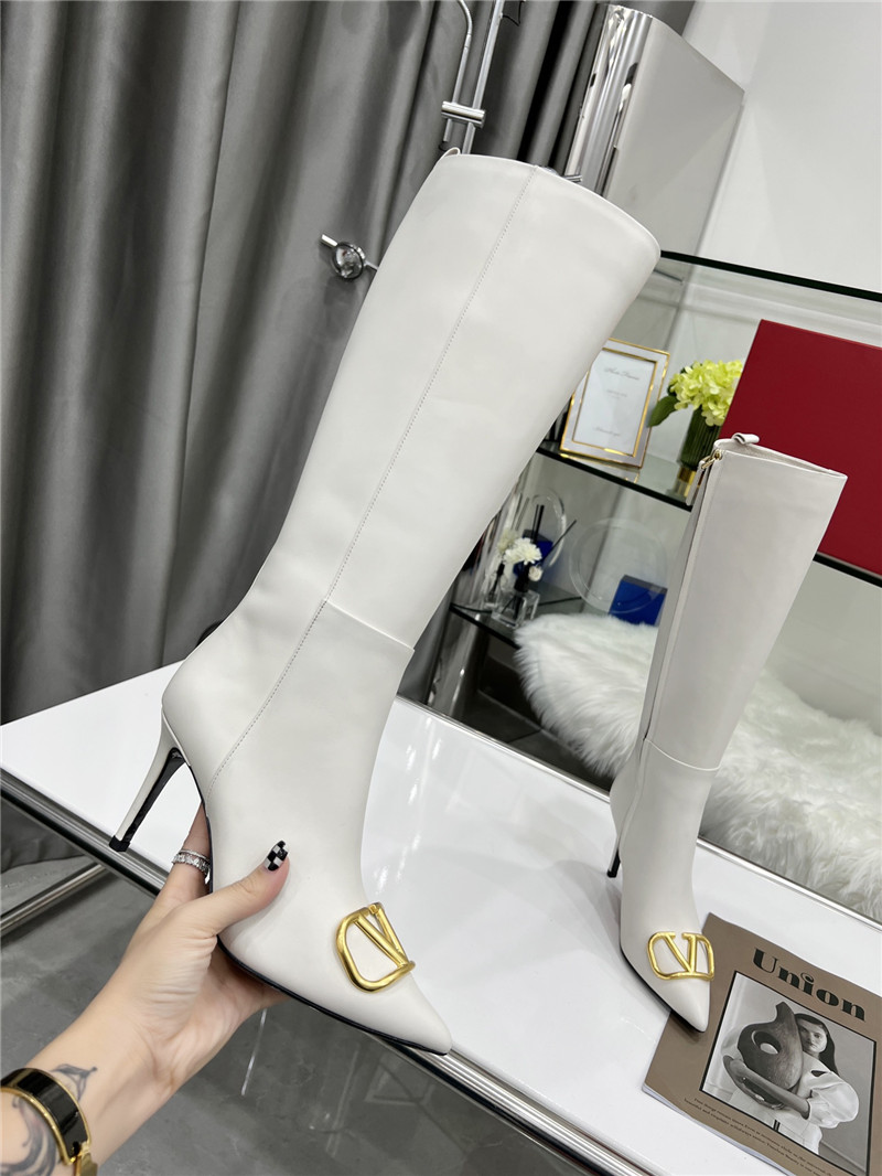 Va1e*ntin0 vlogo heeled white calfskin knee-high boots