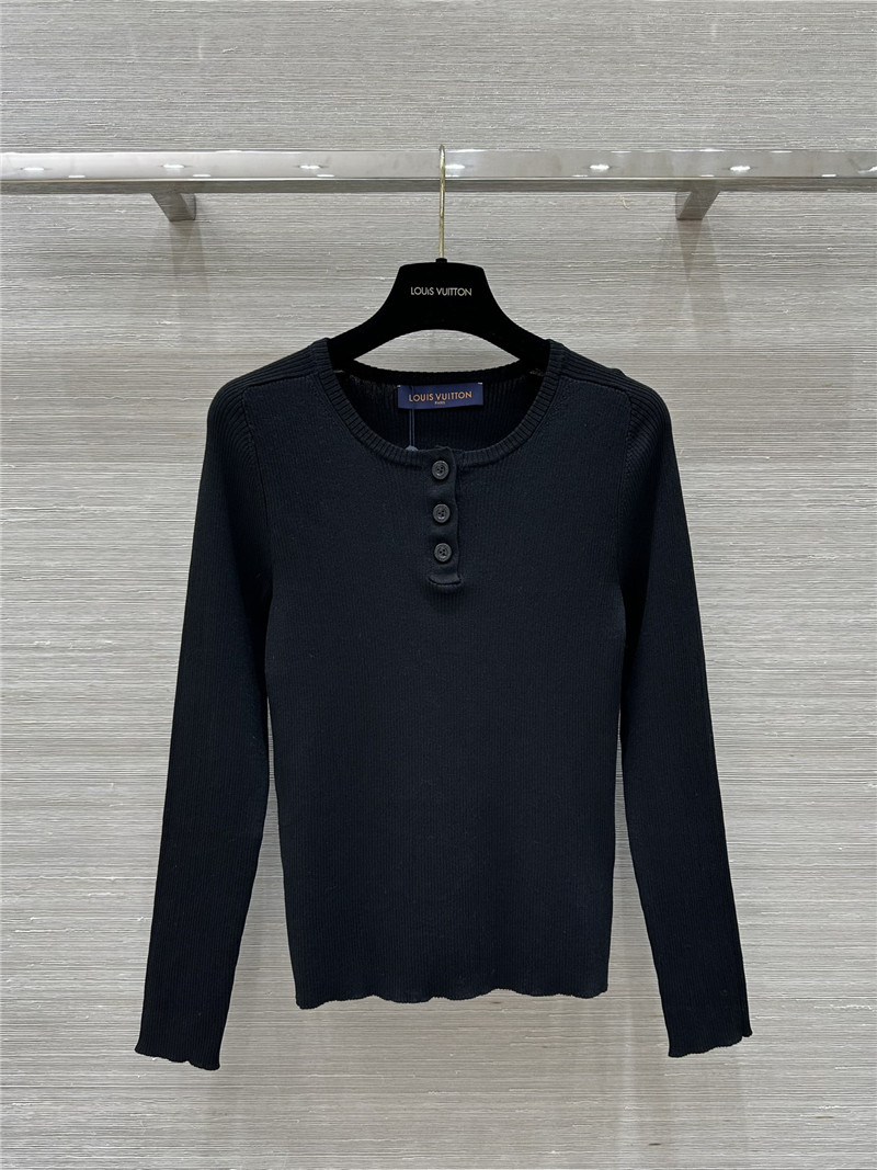 LV Long Sleeve Linen-Knit Top in Black