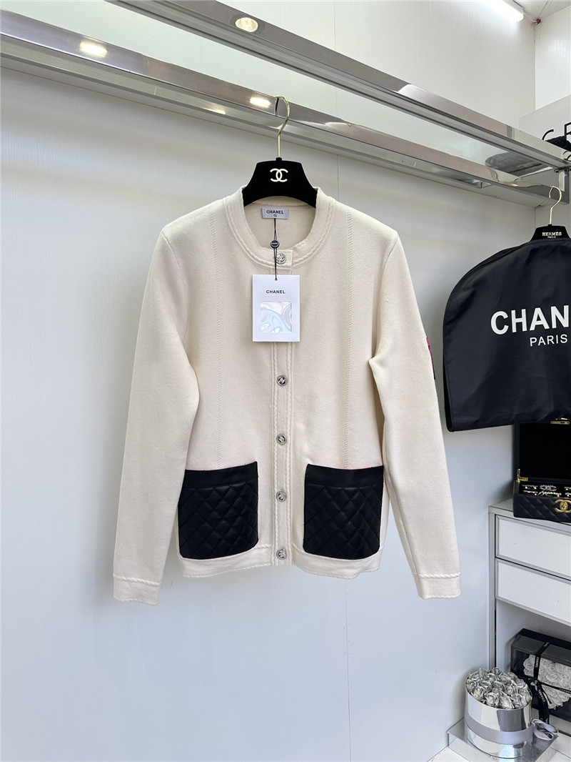 Ch**el white crewneck cardigan with leather pocket