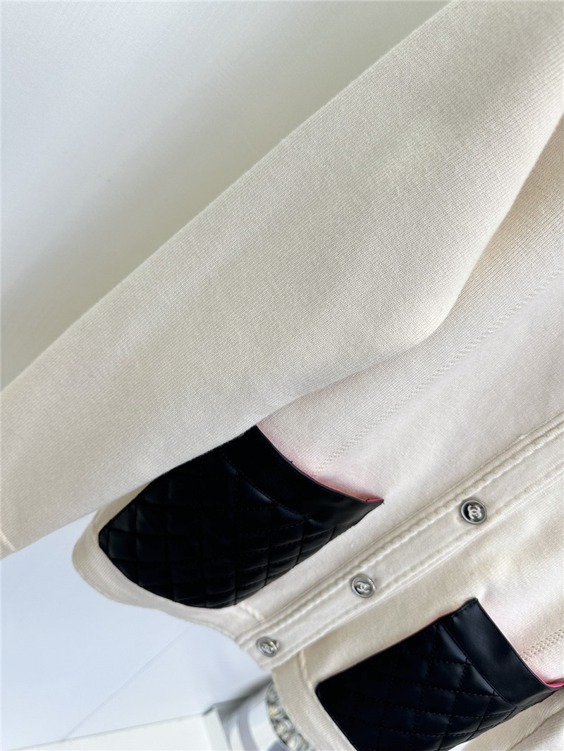 Ch**el white crewneck cardigan with leather pocket