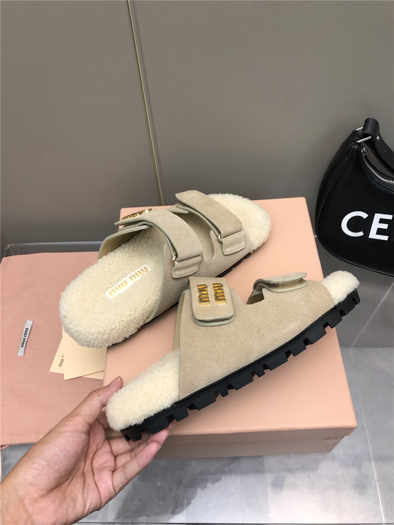 Miu Miu White Suede Shearling Slide Sandals