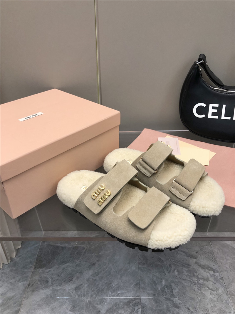 Miu Miu White Suede Shearling Slide Sandals