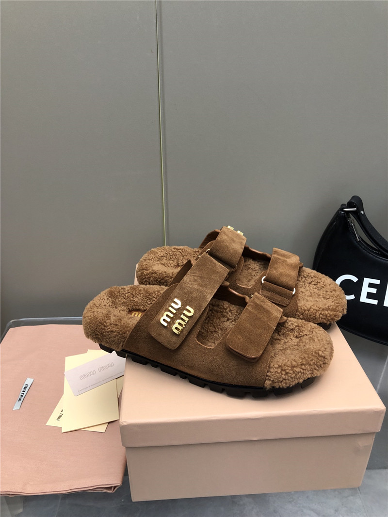 Miu Miu Brown Suede Shearling Slide Sandals